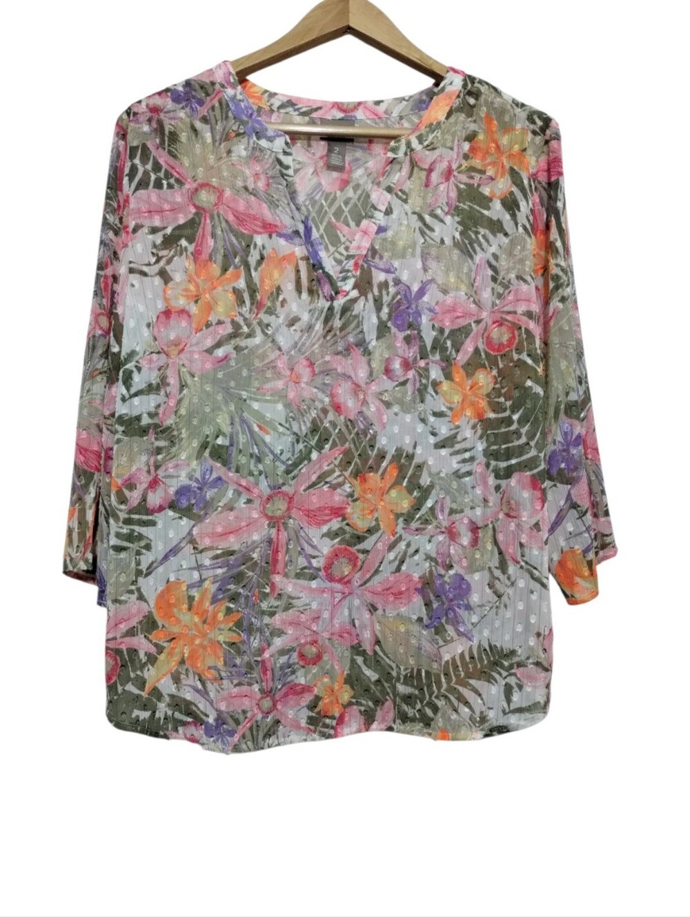 Chico's Floral V-Neck Blouse Women's L/2 Semi Sheer Garden Boho Romantic